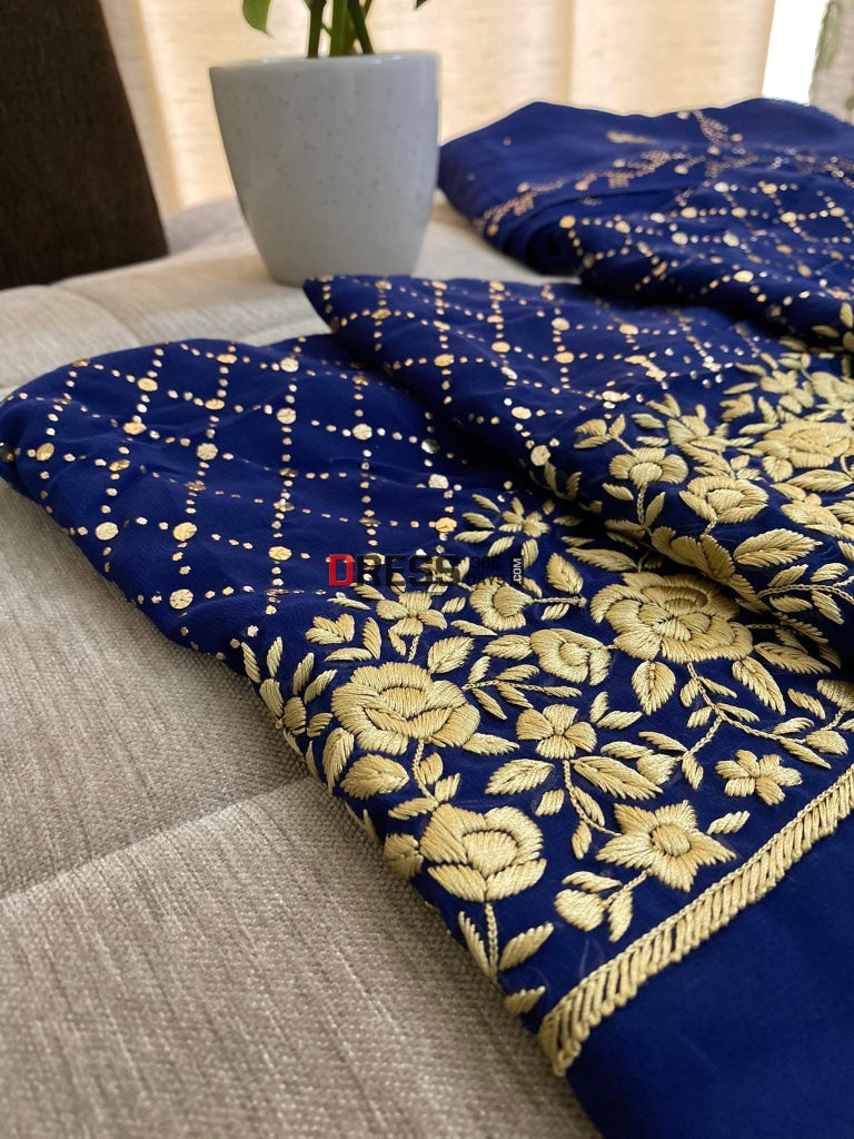 Navy & Gold Kamdani Parsi Gara Suit Chikankari Suits