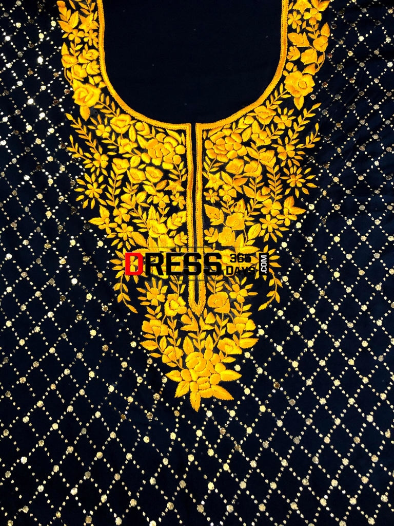 Navy & Golden Yellow Parsi Gara Kamdani Suit Suits