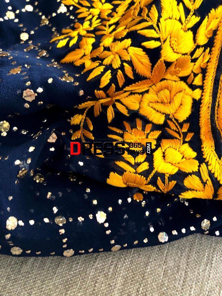 Navy & Golden Yellow Parsi Gara Kamdani Suit Suits