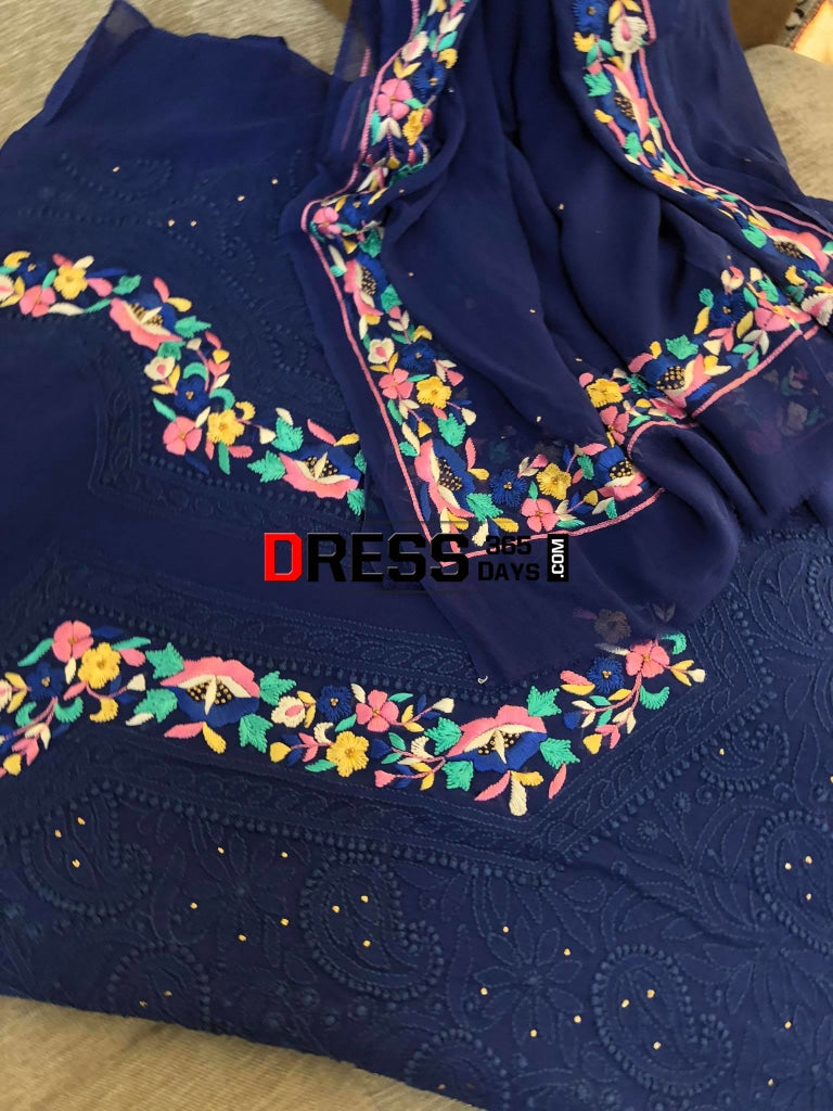 Navy Hand Embroidered Parsi Gara Chikankari Suit Suits
