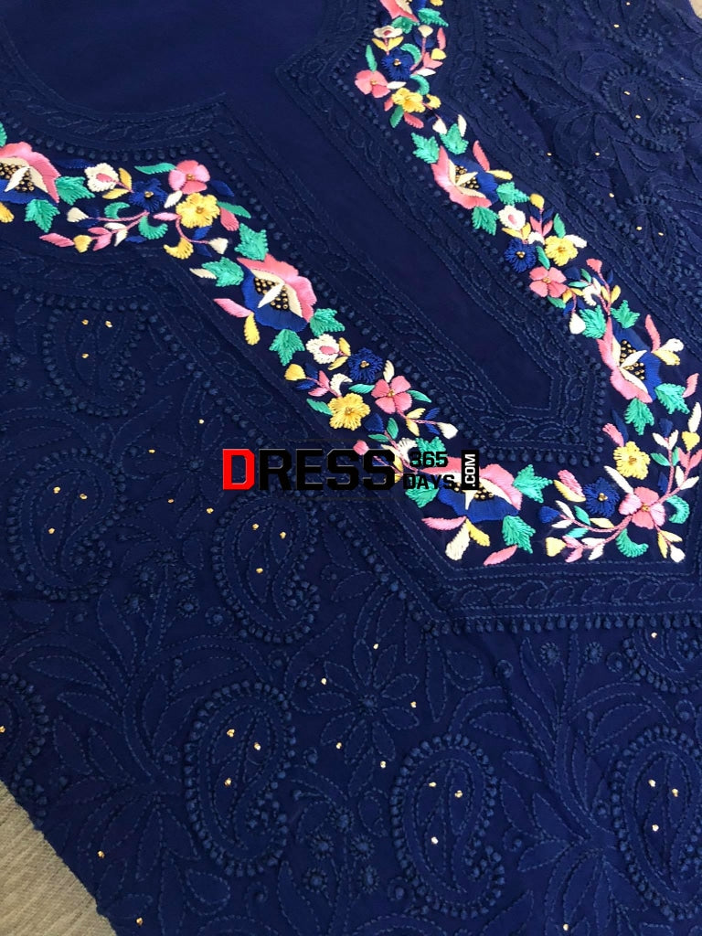Navy Hand Embroidered Parsi Gara Chikankari Suit Suits