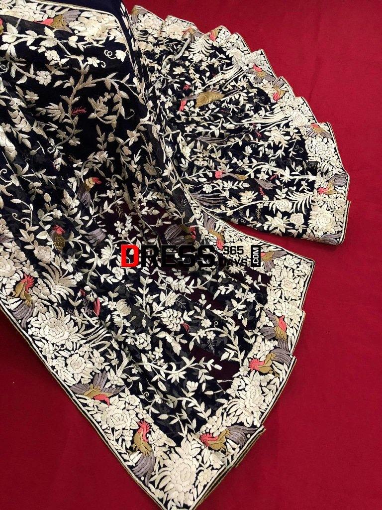 Navy Hand Embroidered Parsi Gara Saree