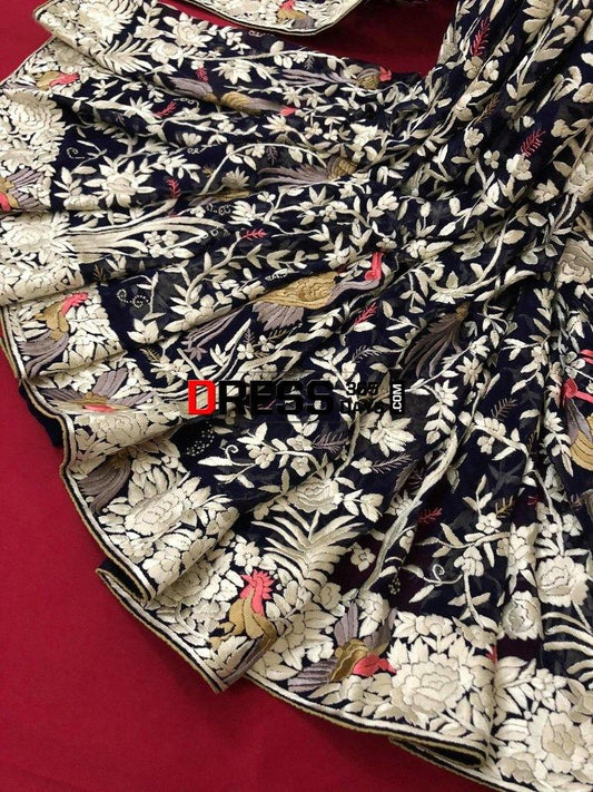 Navy Hand Embroidered Parsi Gara Saree