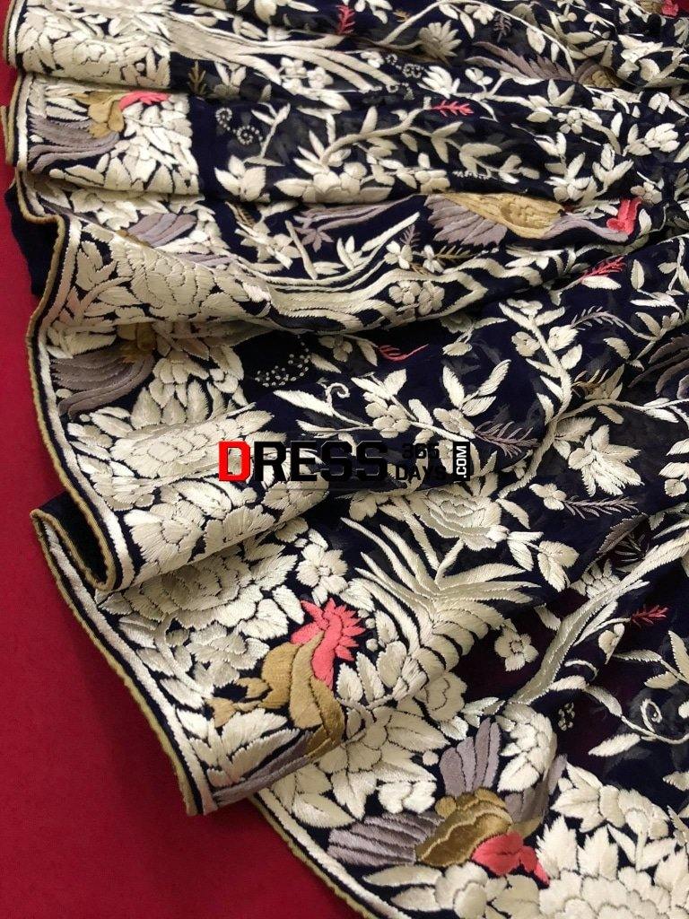 Navy Hand Embroidered Parsi Gara Saree