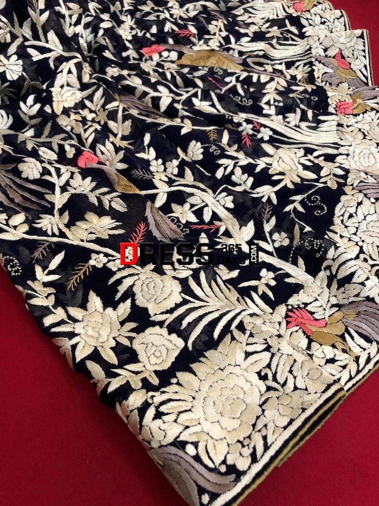 Navy Hand Embroidered Parsi Gara Saree