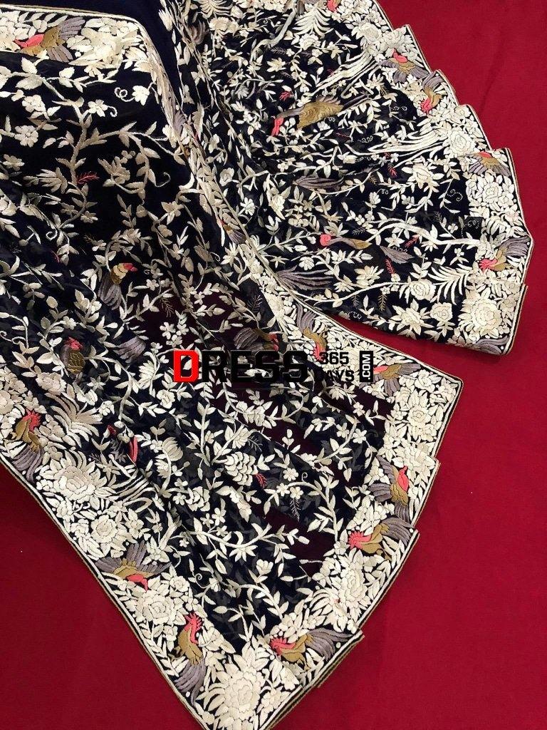 Navy Hand Embroidered Parsi Gara Saree