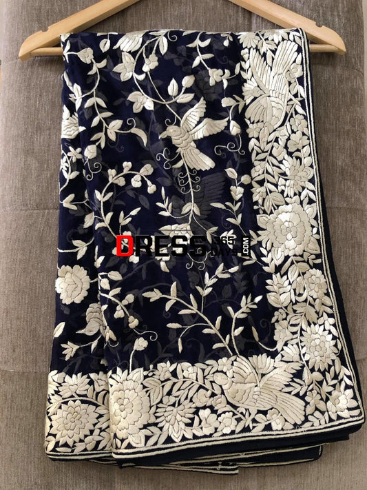 Navy & Ivory Hand Embroidered Parsi Gara Dupatta