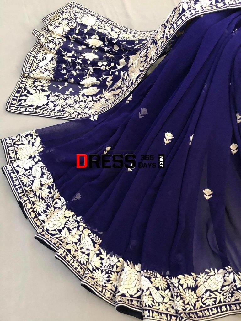 Navy- Ivory Hand Embroidered Parsi Gara Saree