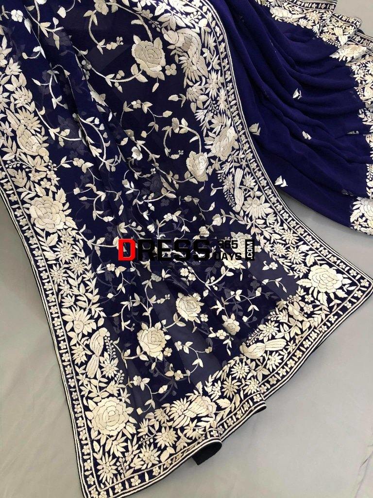 Navy- Ivory Hand Embroidered Parsi Gara Saree
