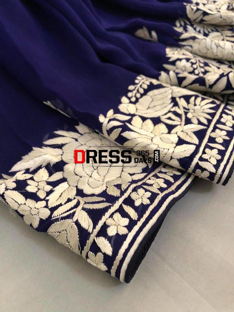 Navy- Ivory Hand Embroidered Parsi Gara Saree