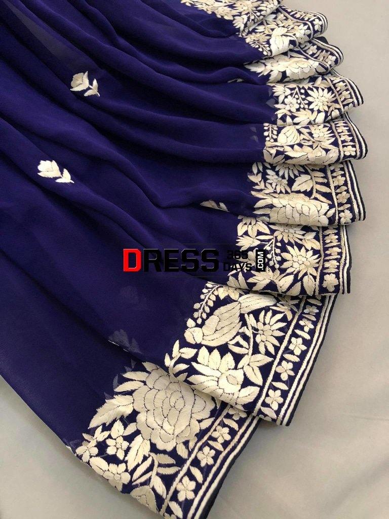 Navy- Ivory Hand Embroidered Parsi Gara Saree