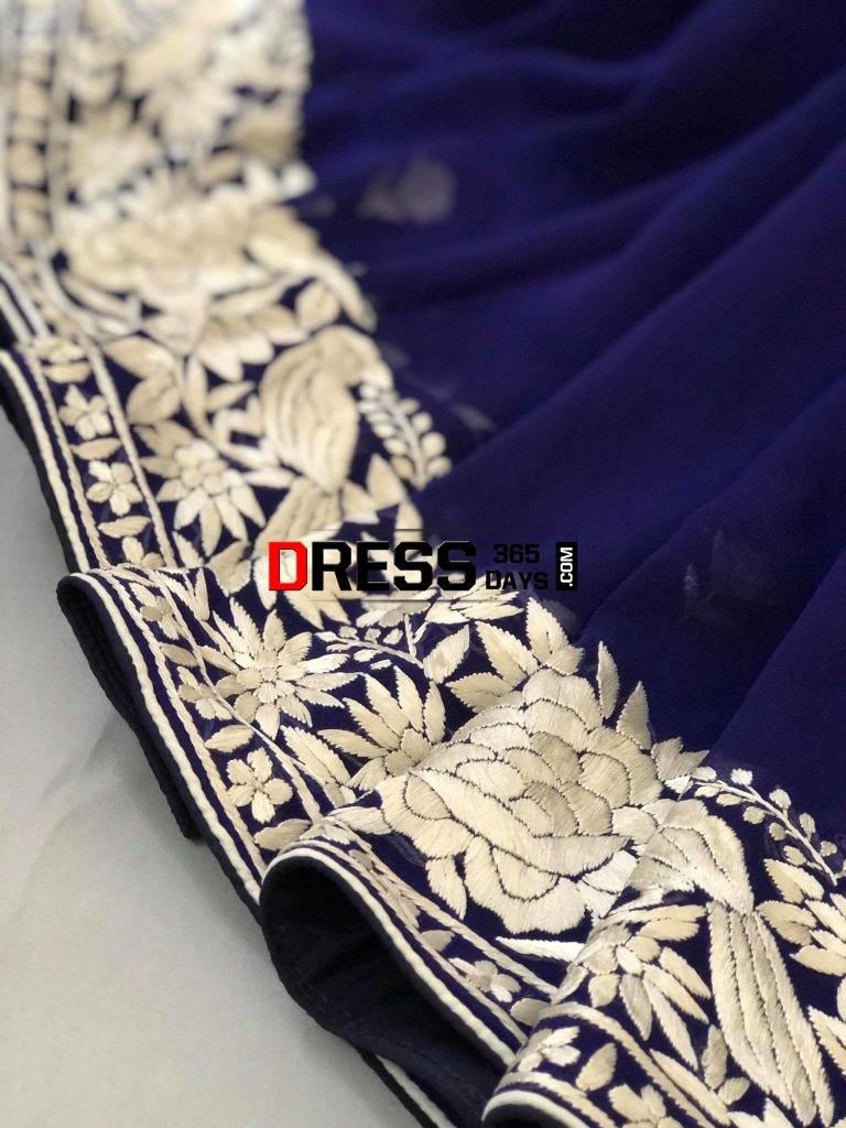 Navy- Ivory Hand Embroidered Parsi Gara Saree