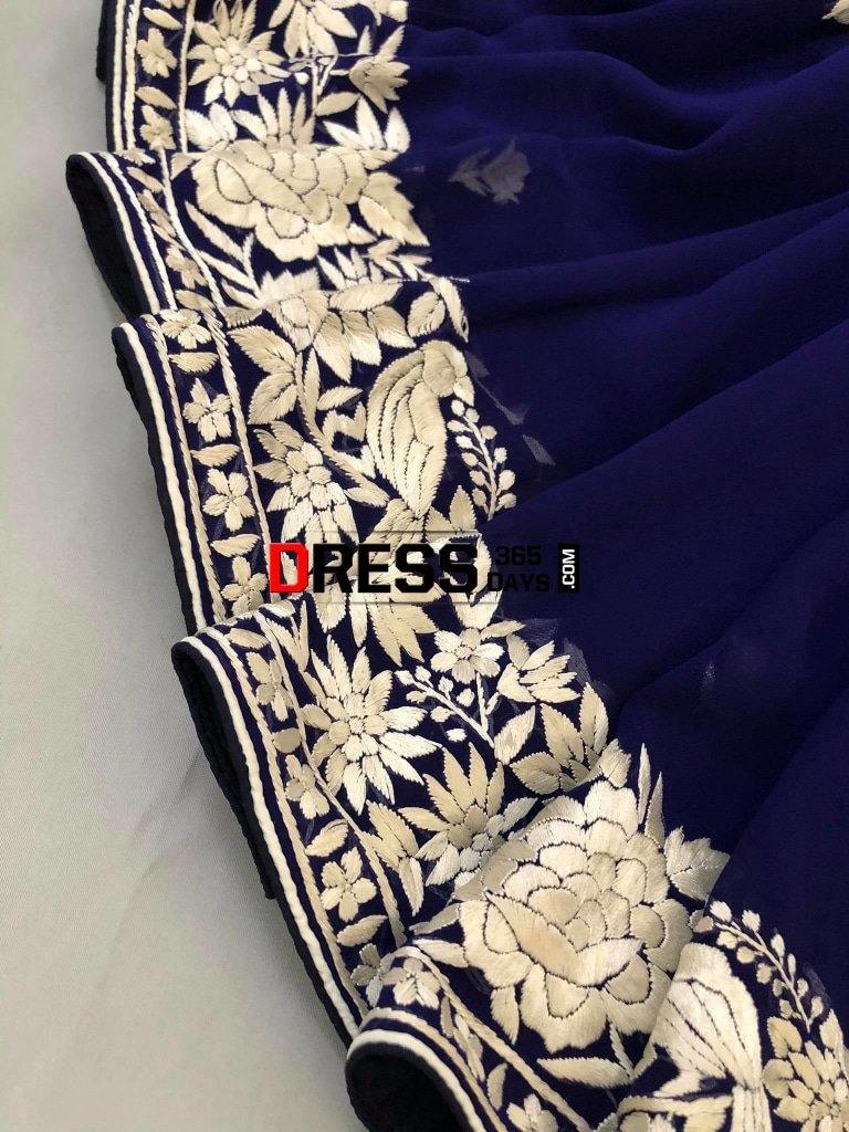 Navy- Ivory Hand Embroidered Parsi Gara Saree