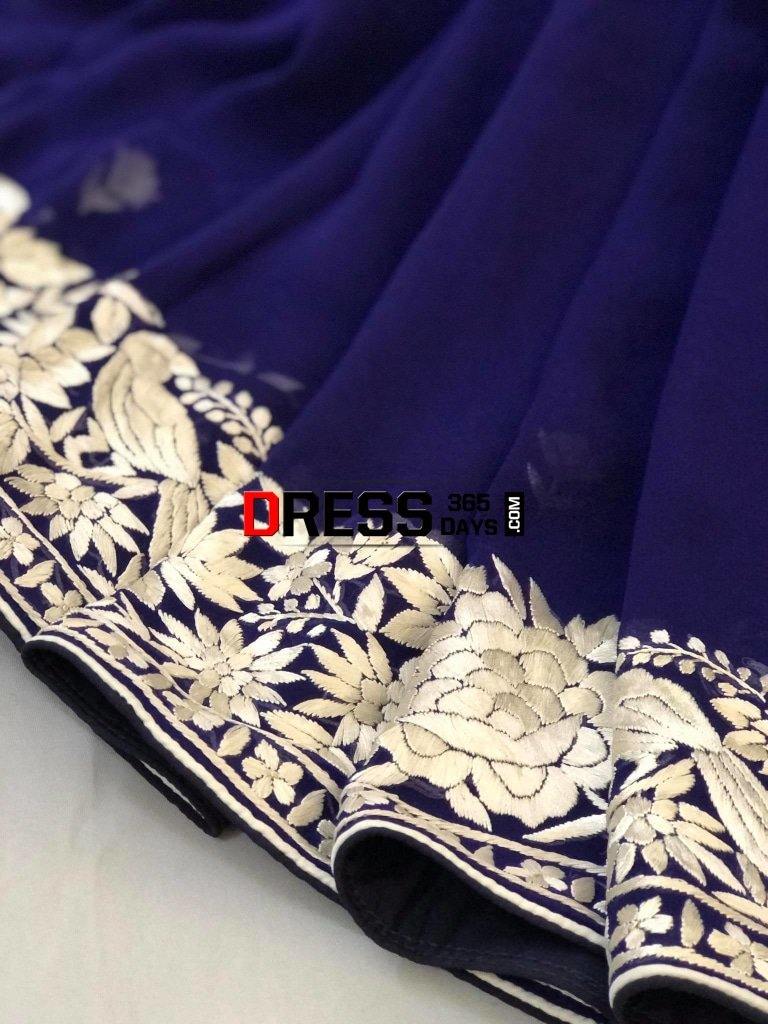 Navy- Ivory Hand Embroidered Parsi Gara Saree