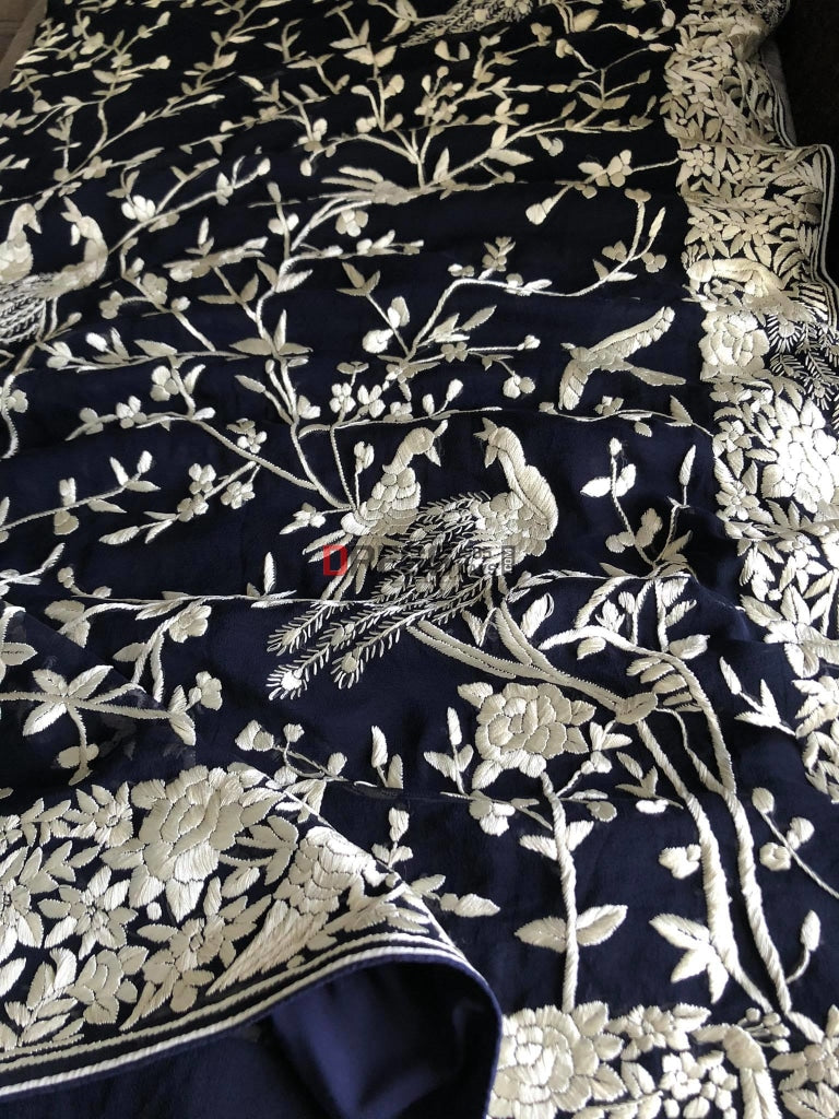 Navy Ivory Parsi Gara Hand Embroidered Saree