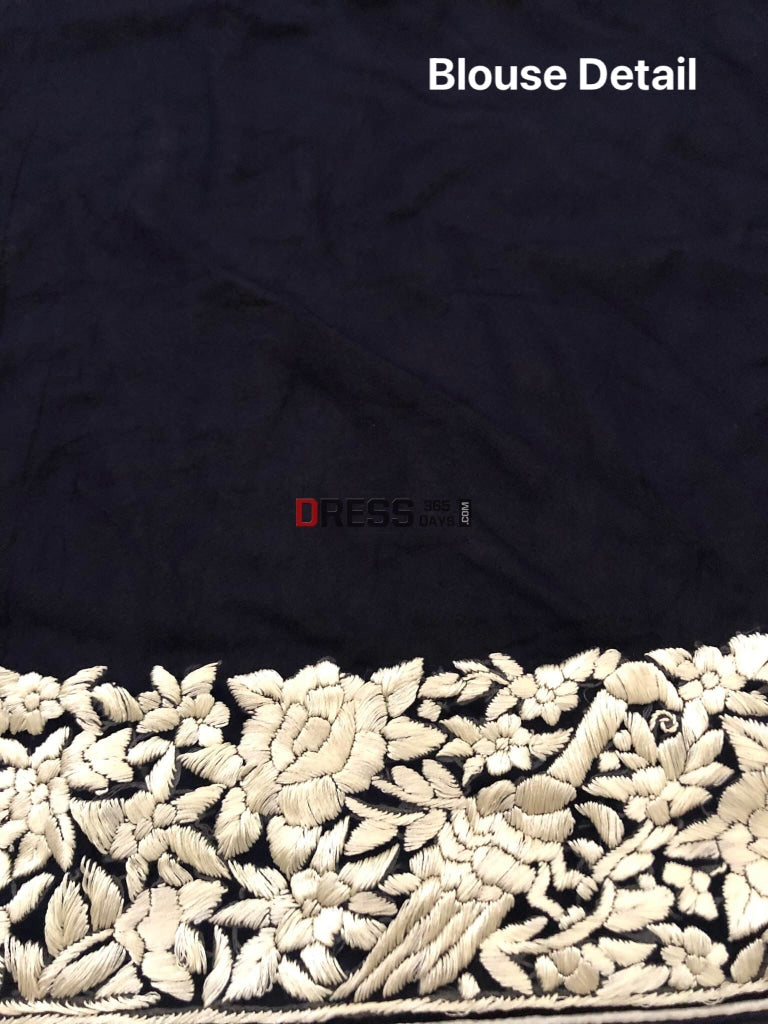 Navy Ivory Parsi Gara Hand Embroidered Saree