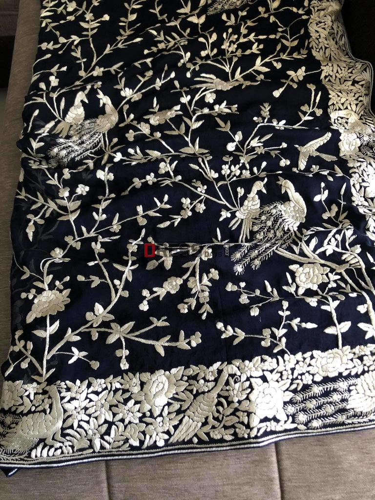 Navy Ivory Parsi Gara Hand Embroidered Saree