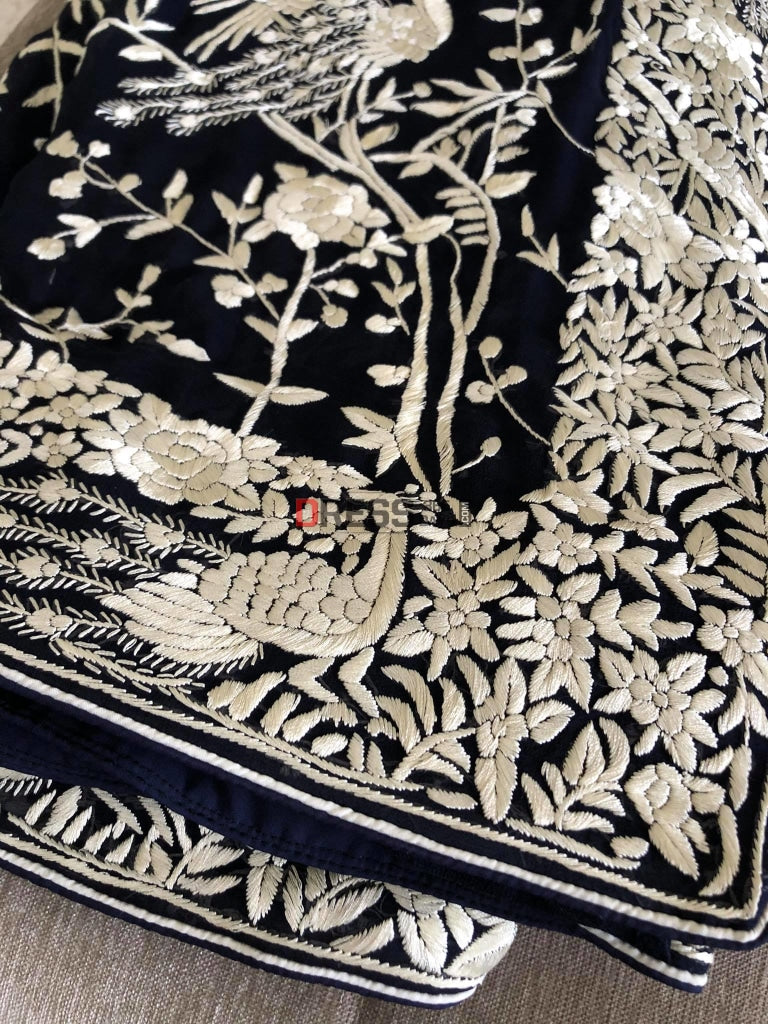 Navy Ivory Parsi Gara Hand Embroidered Saree