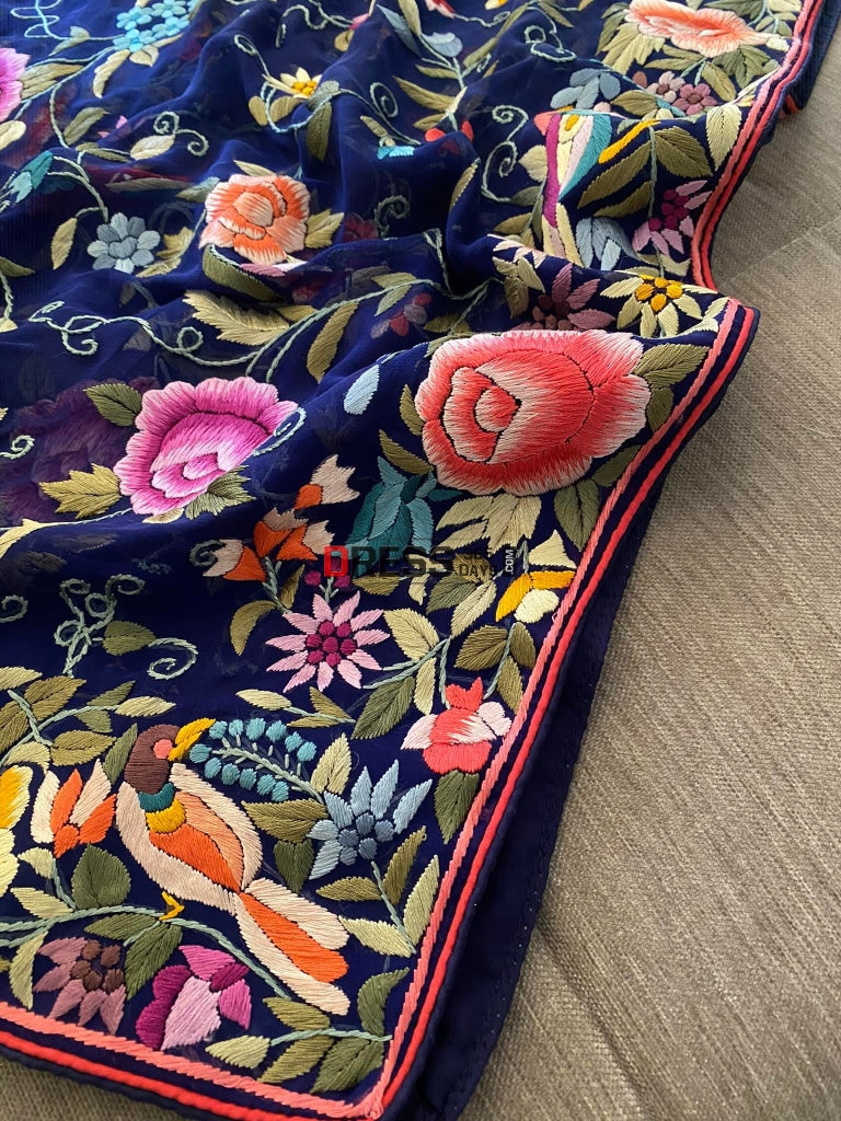 Navy Multicolour Parsi Gara Dupatta