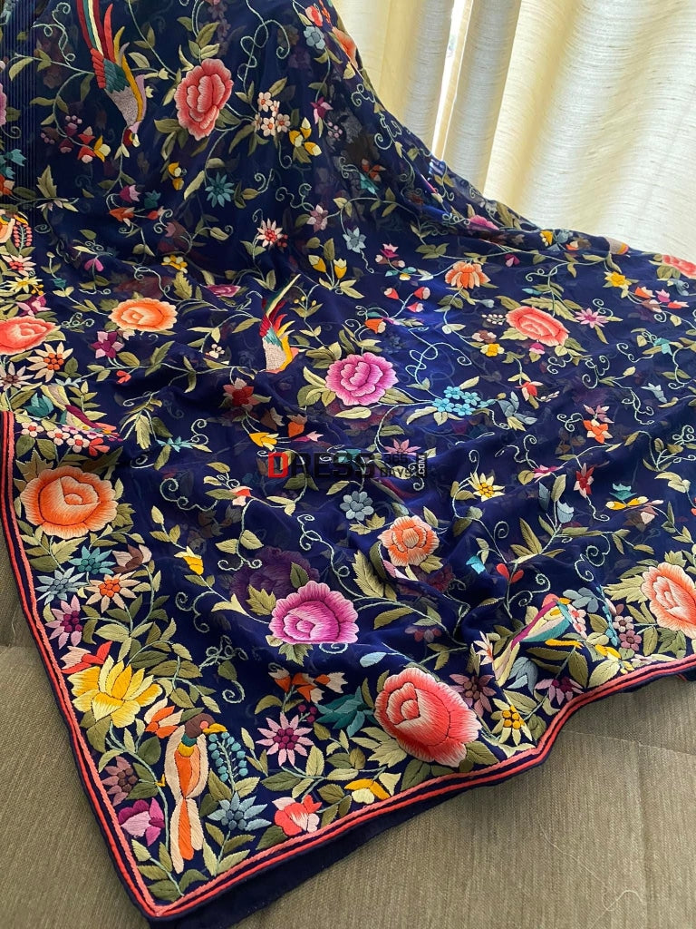 Navy Multicolour Parsi Gara Dupatta