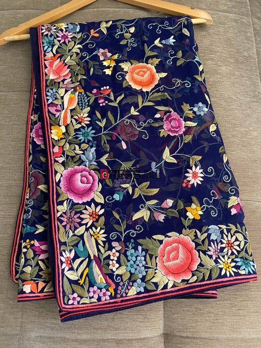 Navy Multicolour Parsi Gara Dupatta