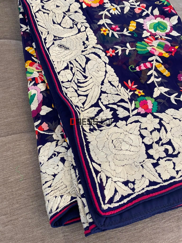 Navy Multicolour Parsi Gara Hand Embroidered Dupatta