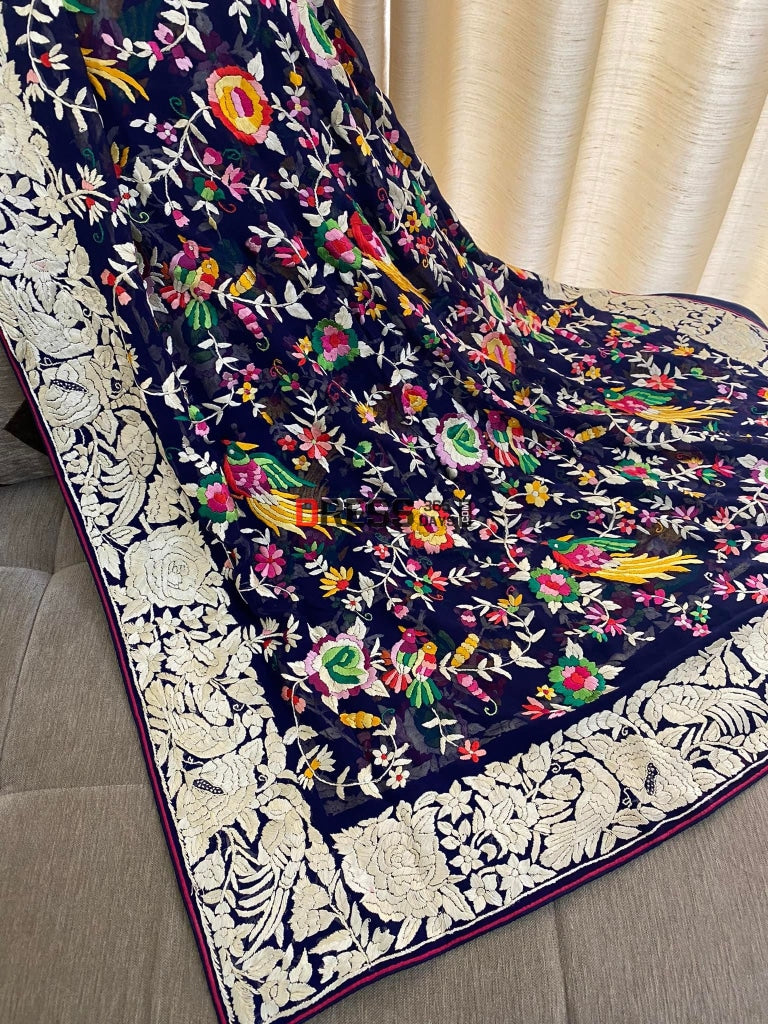 Navy Multicolour Parsi Gara Hand Embroidered Dupatta