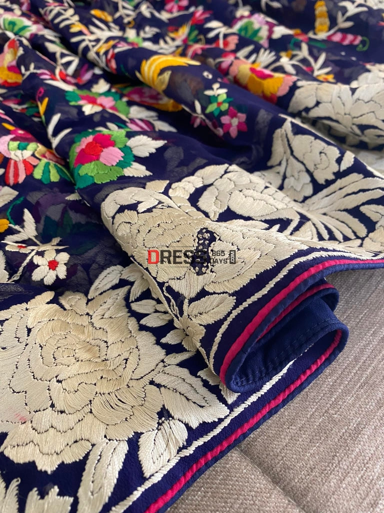 Navy Multicolour Parsi Gara Hand Embroidered Dupatta