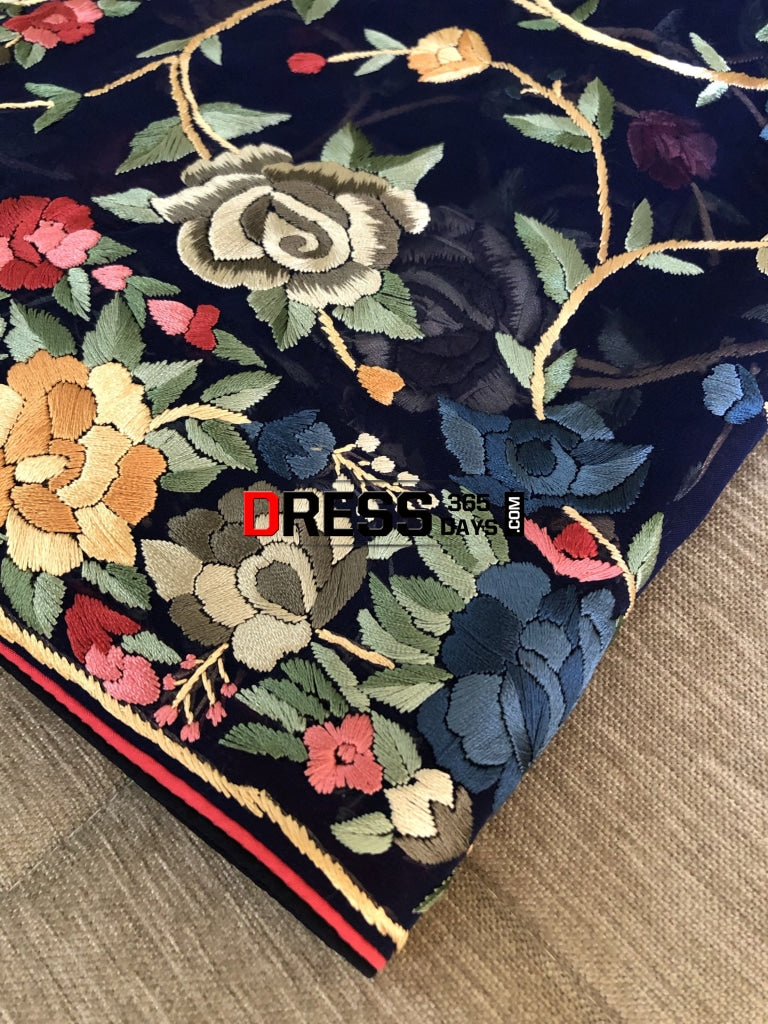 Navy Multicolour Parsi Gara Hand Embroidered Dupatta
