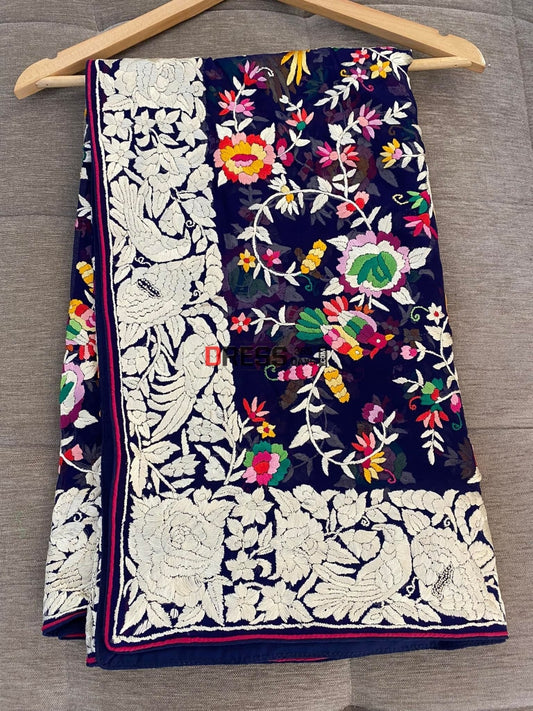 Navy Multicolour Parsi Gara Hand Embroidered Dupatta