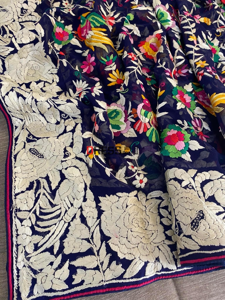 Navy Multicolour Parsi Gara Hand Embroidered Dupatta