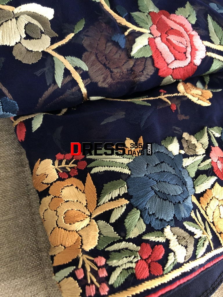 Navy Multicolour Parsi Gara Hand Embroidered Dupatta