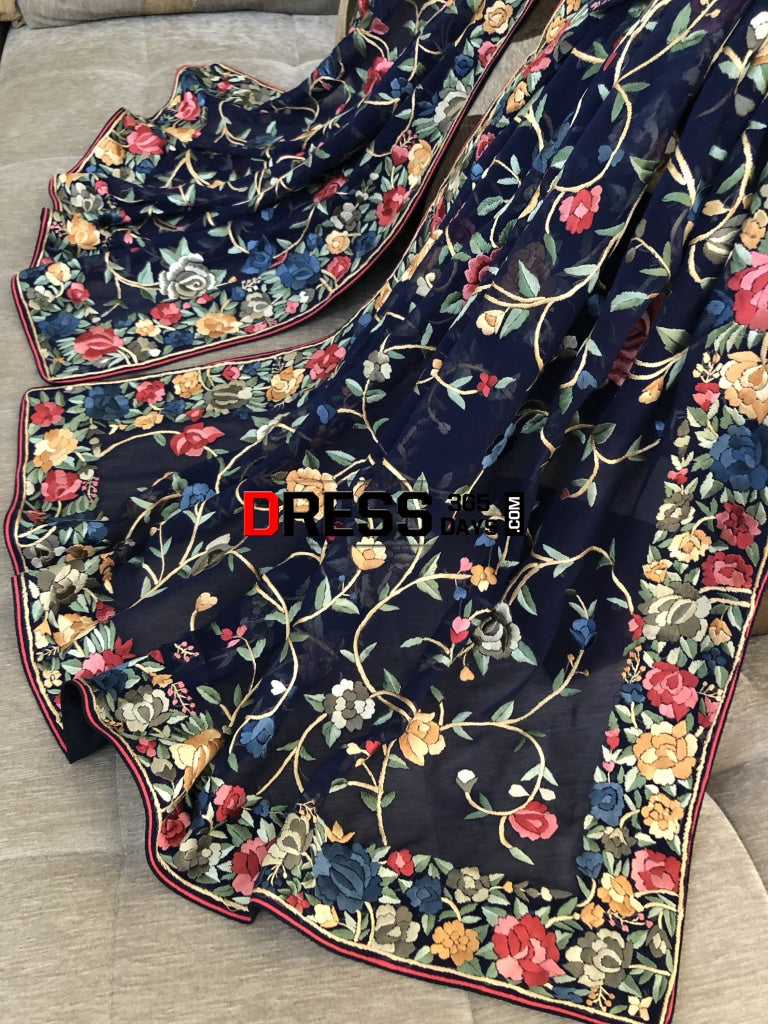 Navy Multicolour Parsi Gara Hand Embroidered Dupatta