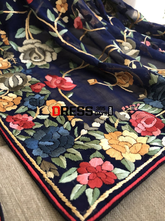 Navy Multicolour Parsi Gara Hand Embroidered Dupatta