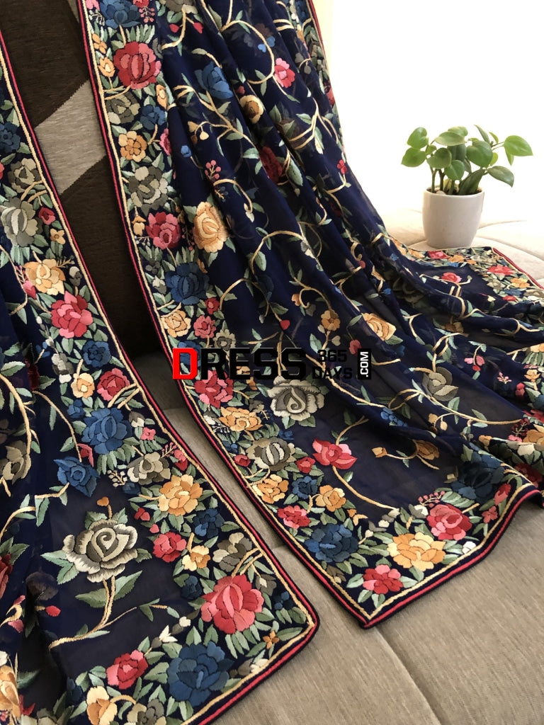 Navy Multicolour Parsi Gara Hand Embroidered Dupatta