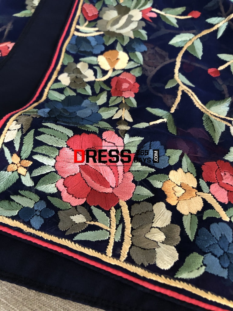 Navy Multicolour Parsi Gara Hand Embroidered Dupatta
