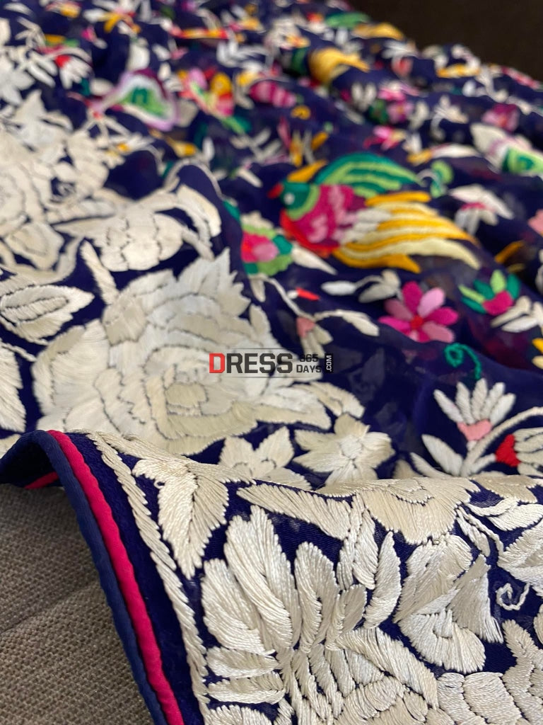 Navy Multicolour Parsi Gara Hand Embroidered Dupatta