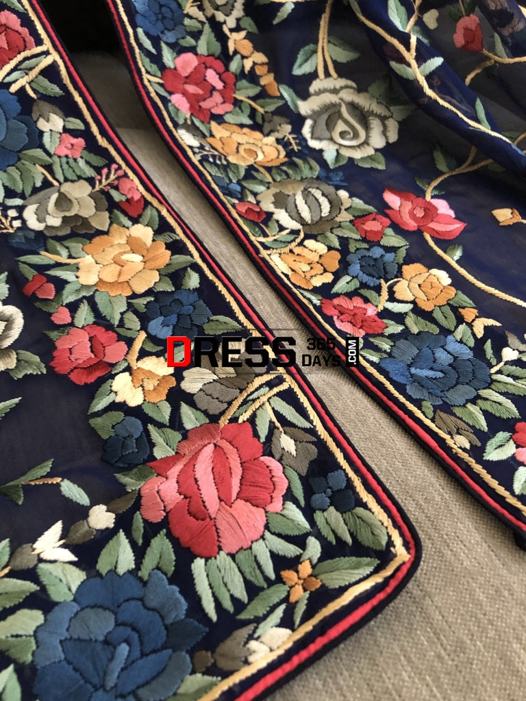 Navy Multicolour Parsi Gara Hand Embroidered Dupatta