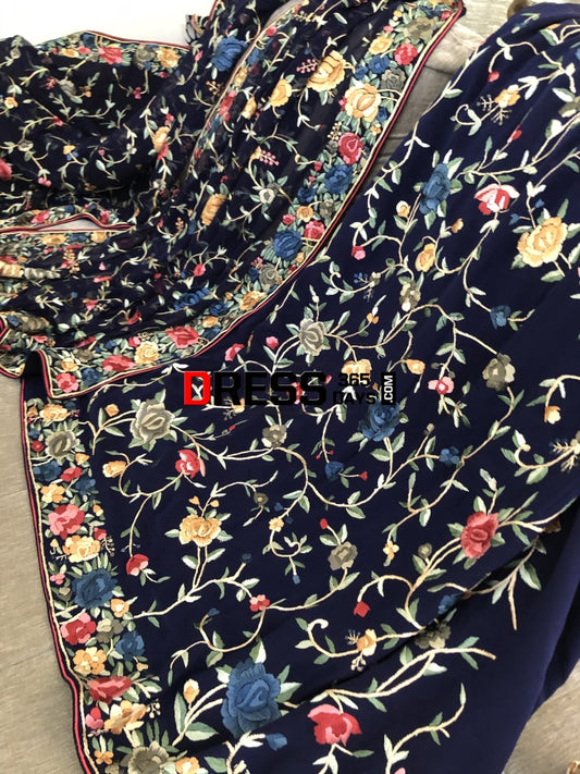 Navy Multicolour Parsi Gara Hand Embroidered Suit (Three Piece) Suits