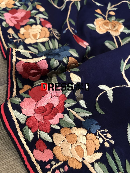 Navy Multicolour Parsi Gara Hand Embroidered Suit (Three Piece) Suits
