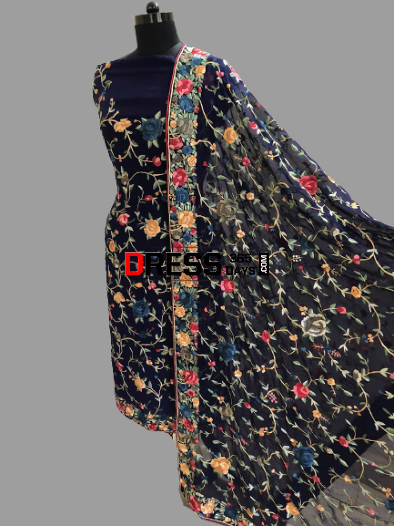 Navy Multicolour Parsi Gara Hand Embroidered Suit (Three Piece) Suits