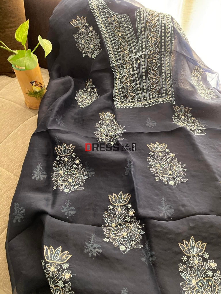 Navy Organza Beads And Chikankari Suit Suits