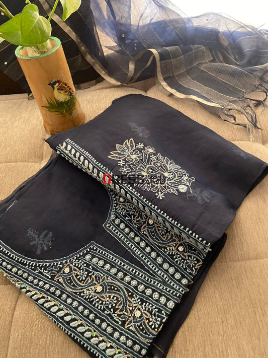 Navy Organza Beads And Chikankari Suit Suits