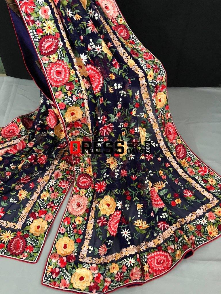 Navy Parsi Gara Hand Embroidered Dupatta