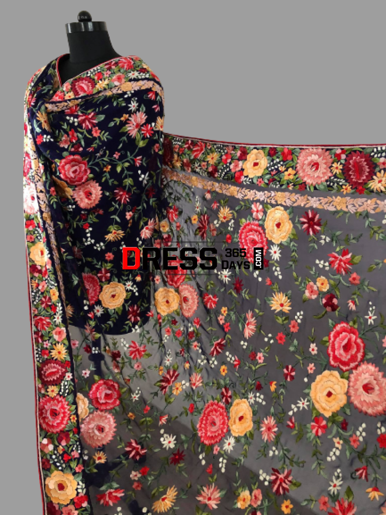 Navy Parsi Gara Hand Embroidered Dupatta