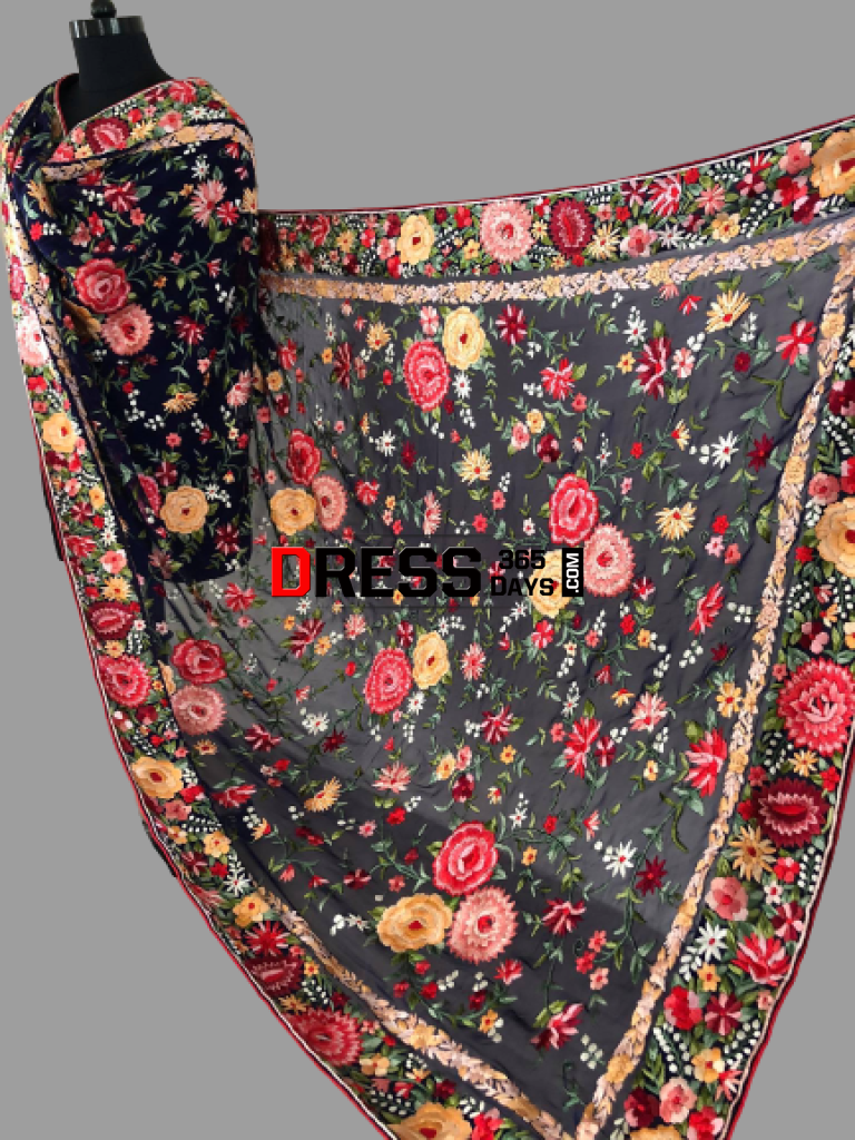 Navy Parsi Gara Hand Embroidered Dupatta