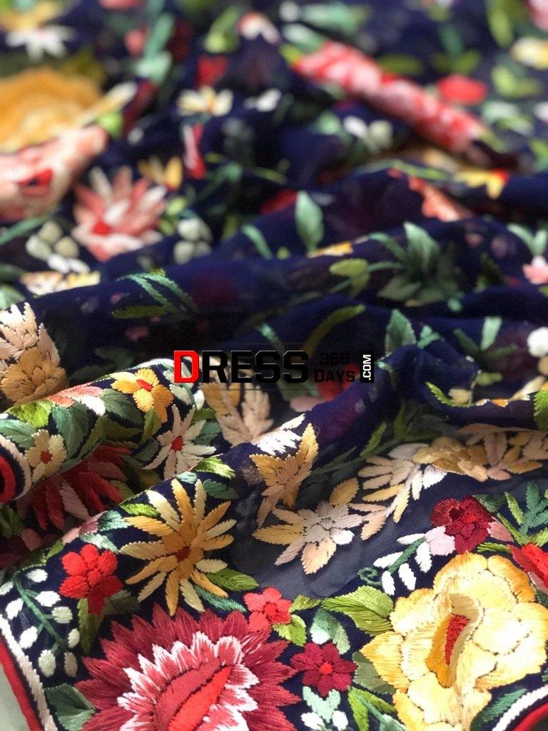 Navy Parsi Gara Hand Embroidered Dupatta
