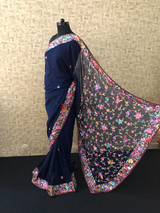 Navy Parsi Gara Hand Embroidered Saree