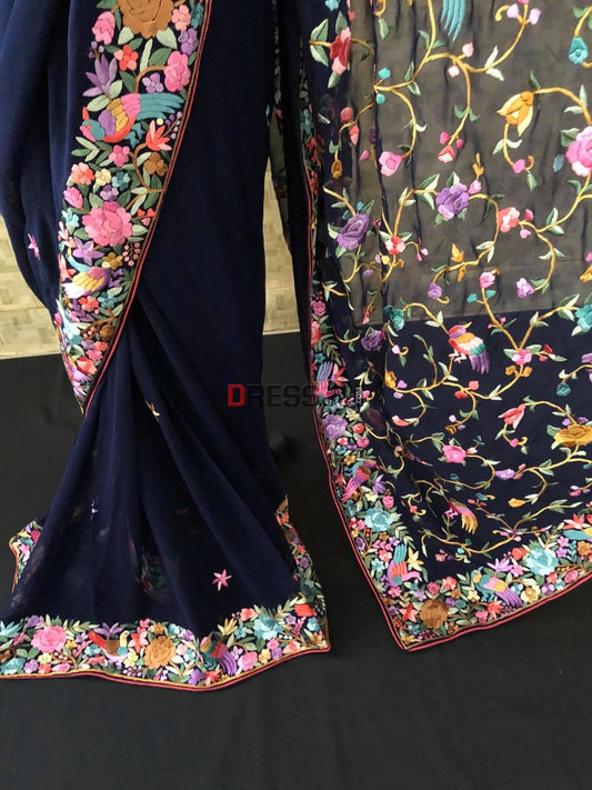 Navy Parsi Gara Hand Embroidered Saree