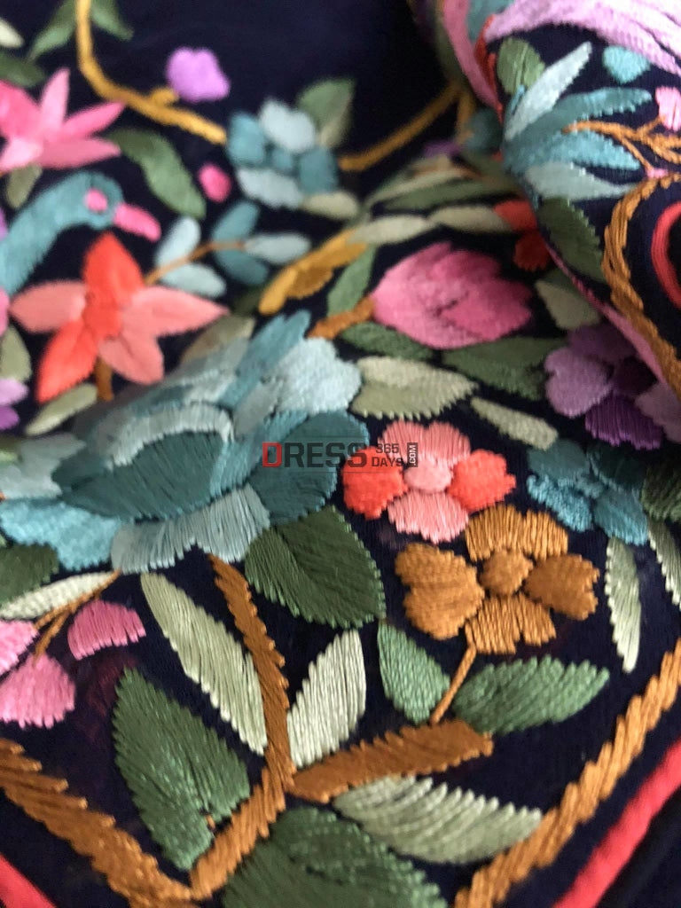 Navy Parsi Gara Hand Embroidered Saree